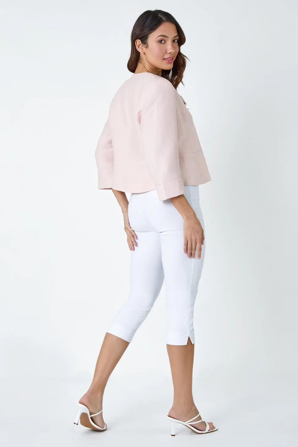 Roman Light Pink 3/4 Sleeve Pleated Textured Cropped Jacket