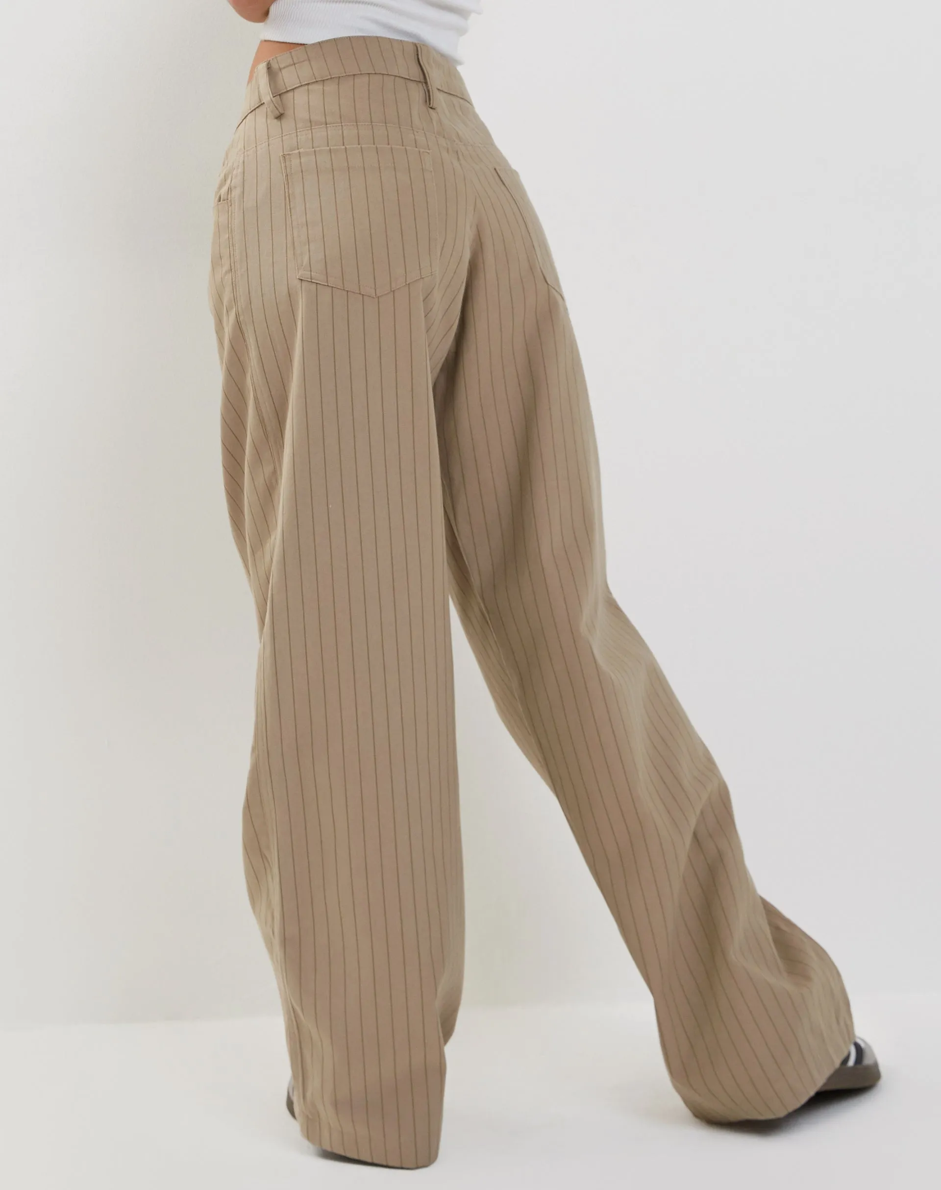 Roomy Low Rise Extra Wide Trousers in Pinstripe Stone