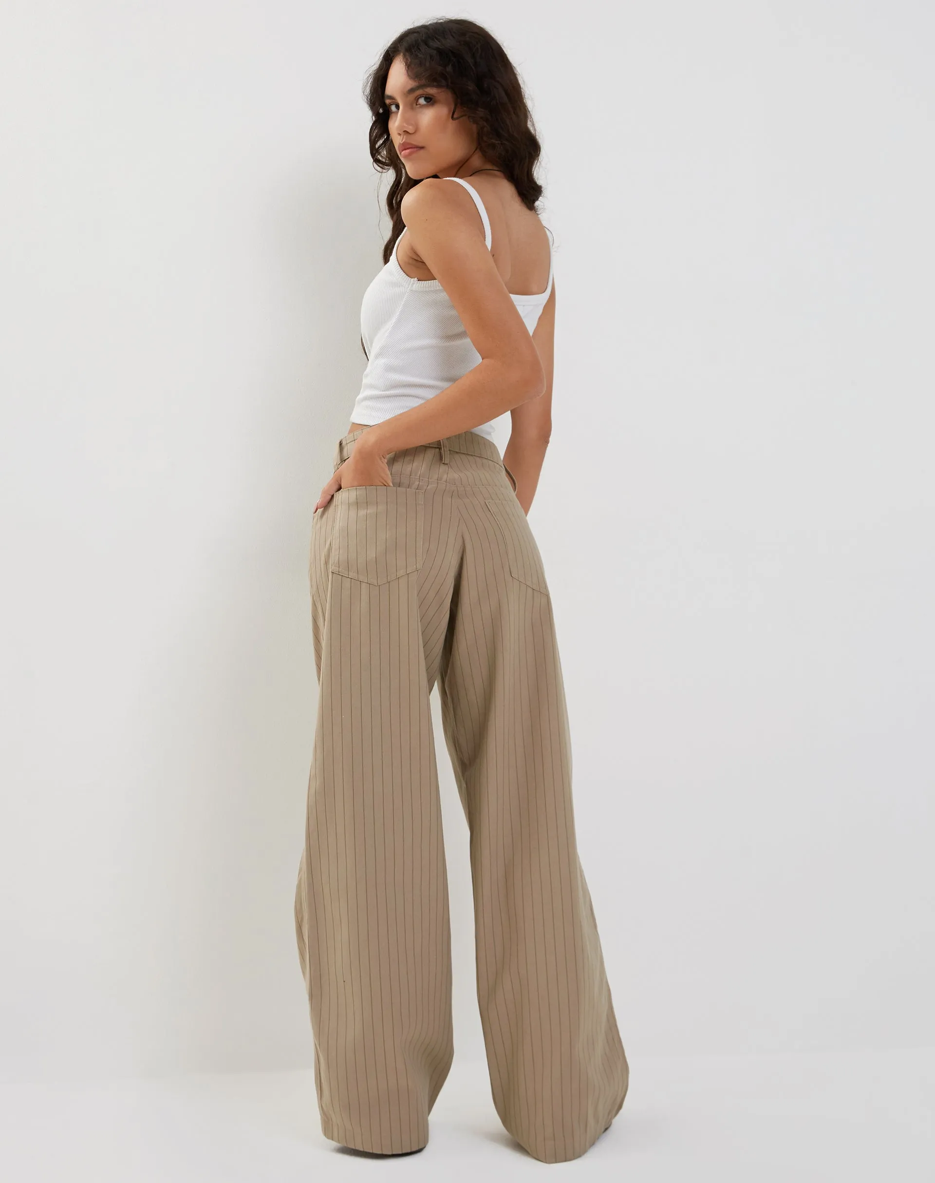 Roomy Low Rise Extra Wide Trousers in Pinstripe Stone