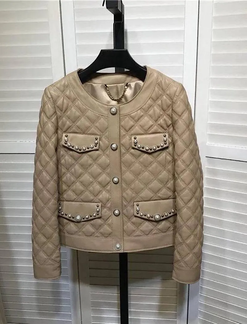 Sheepskin Studded Quilted Leather Jacket