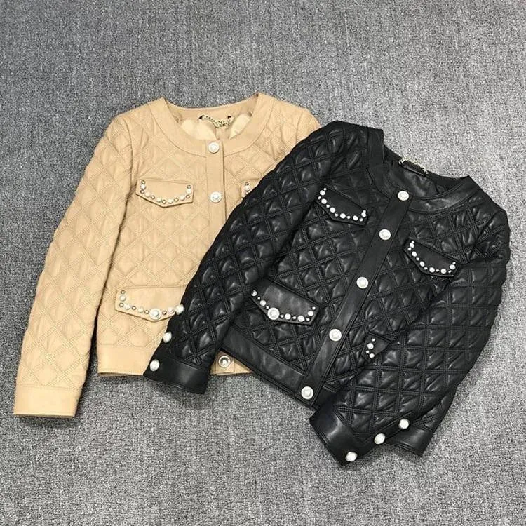 Sheepskin Studded Quilted Leather Jacket