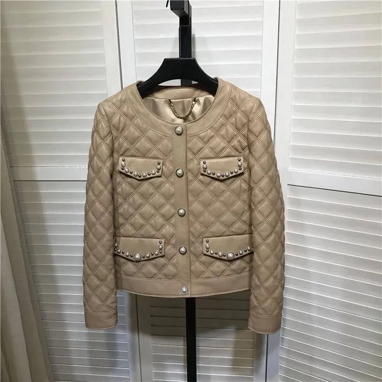 Sheepskin Studded Quilted Leather Jacket