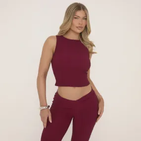 Sleeveless Racer Crop Top In Burgundy Texture