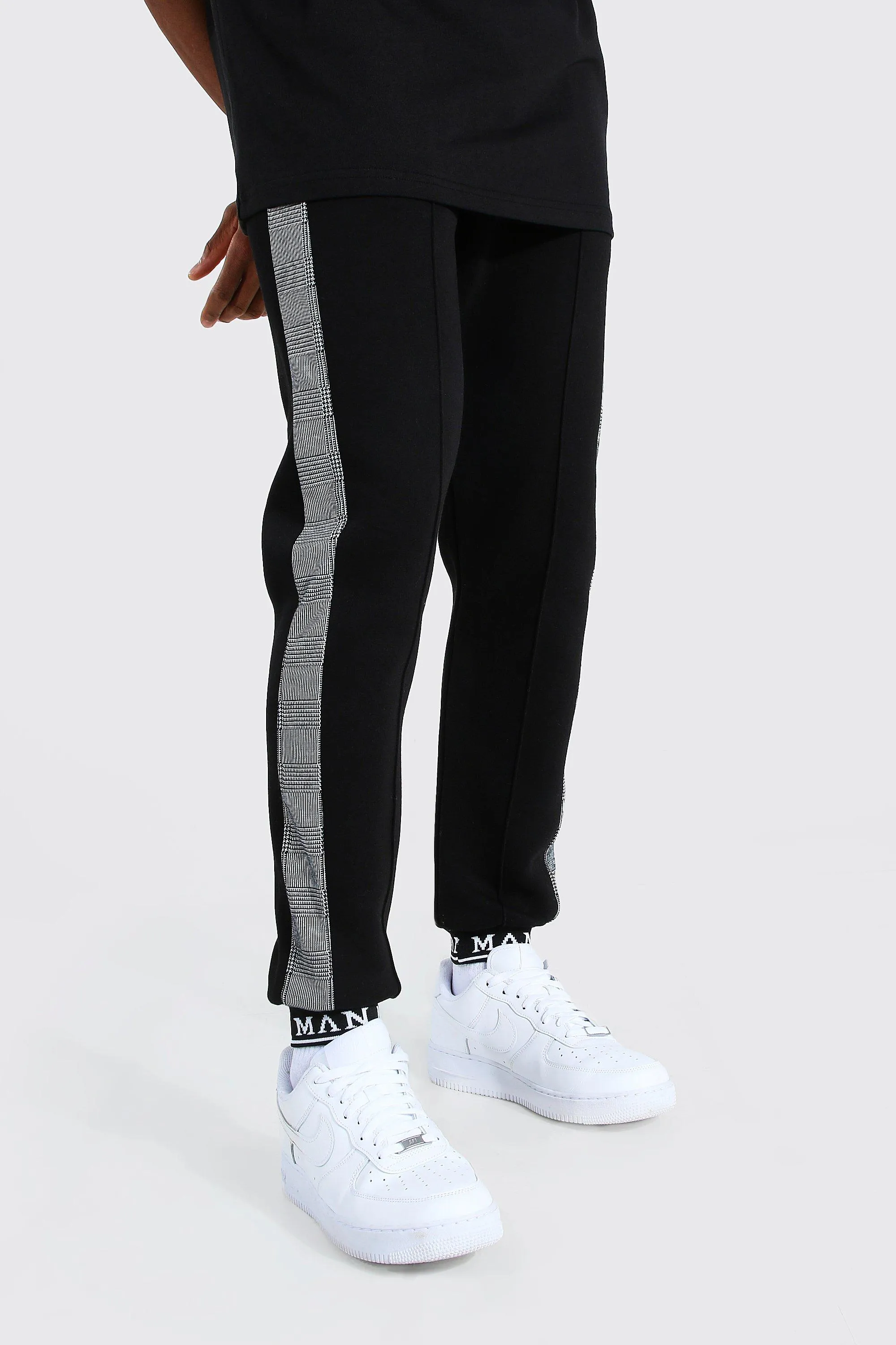 Slim Man Roman Jacquard Panel Pintuck Joggers | boohooMAN UK