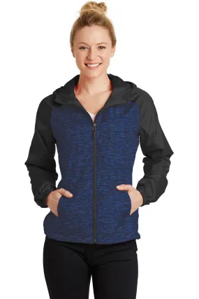 Sport-Tek  Ladies Heather Colorblock Raglan Hooded Wind Jacket. LST40