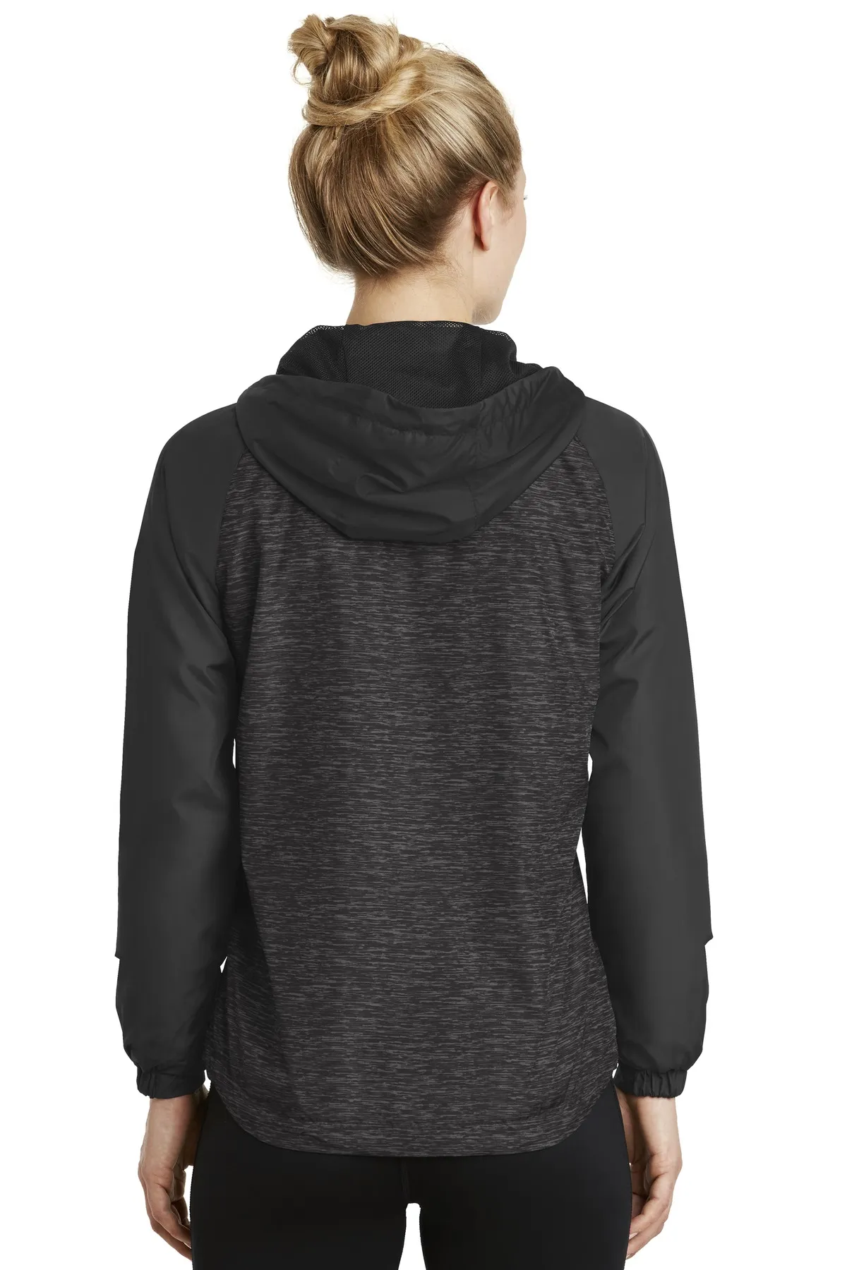 Sport-Tek LST40 Ladies Heather Colorblock Raglan Hooded Wind Jacket