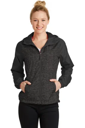 Sport-Tek LST40 Ladies Heather Colorblock Raglan Hooded Wind Jacket