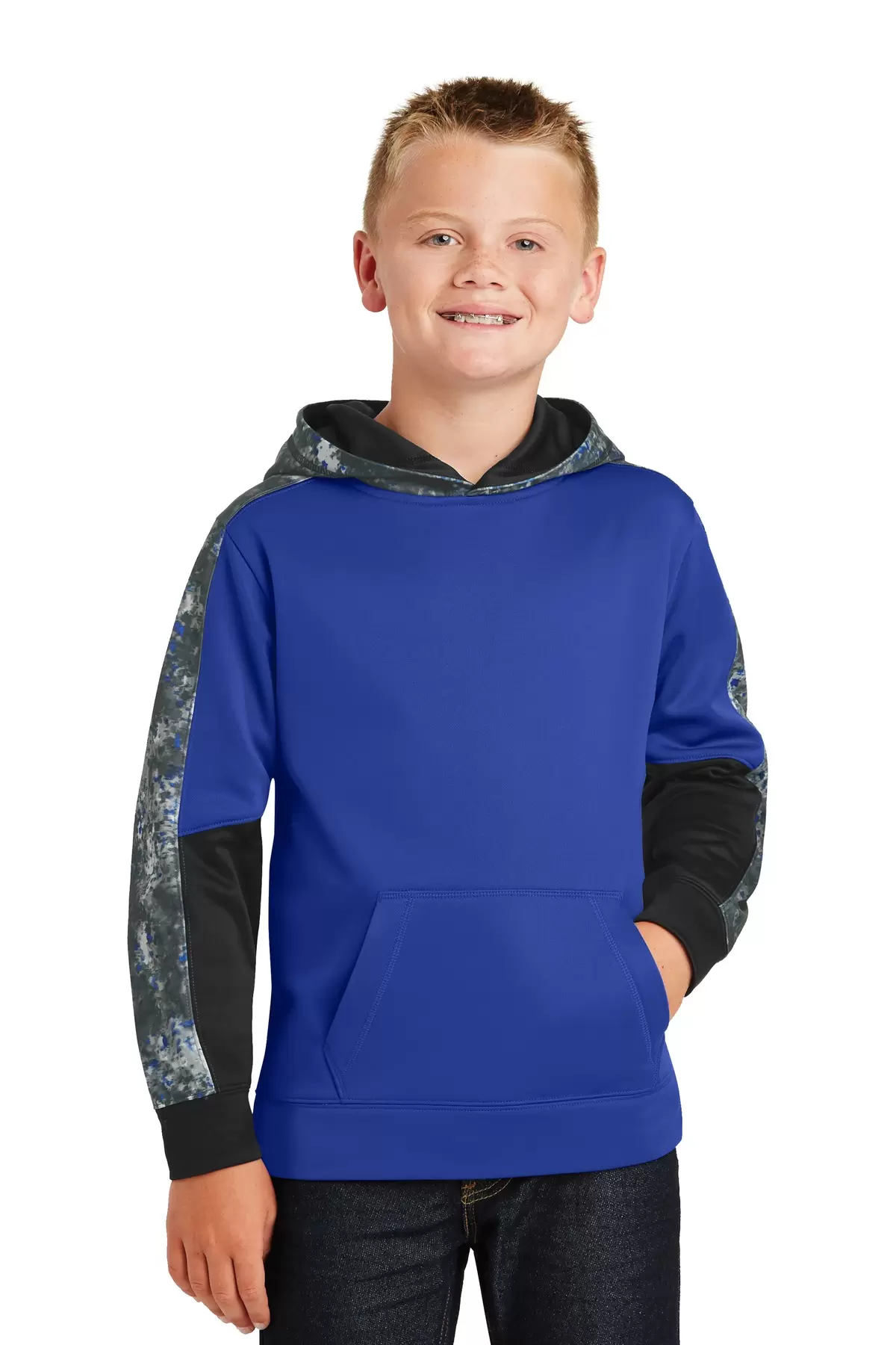 Sport Tek YST231 Sport-Tek Youth Sport-Wick Mineral Freeze Fleece Colorblock Hooded Pullover SKU: YST231