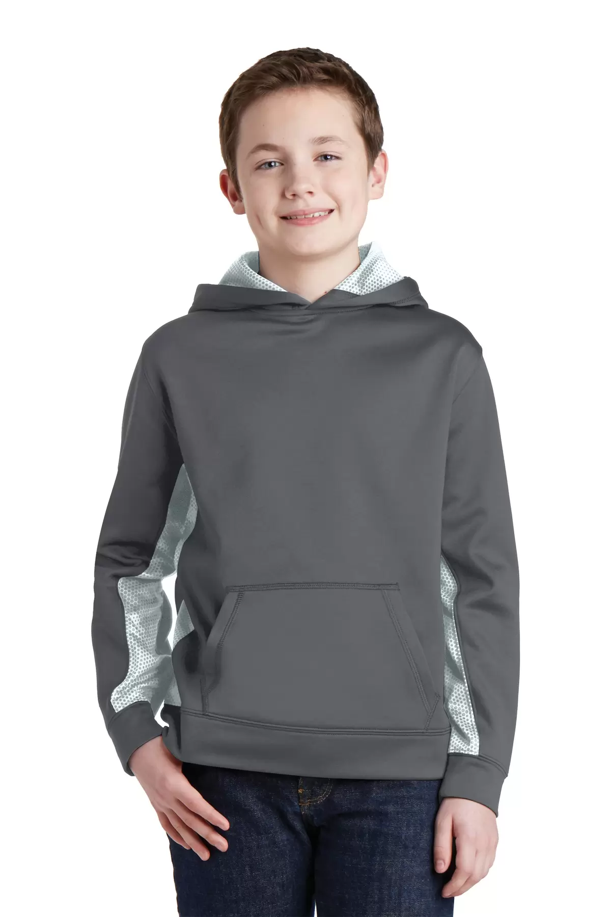 Sport Tek YST239 Sport-Tek Youth Sport-Wick CamoHex Fleece Colorblock Hooded Pullover SKU: YST239