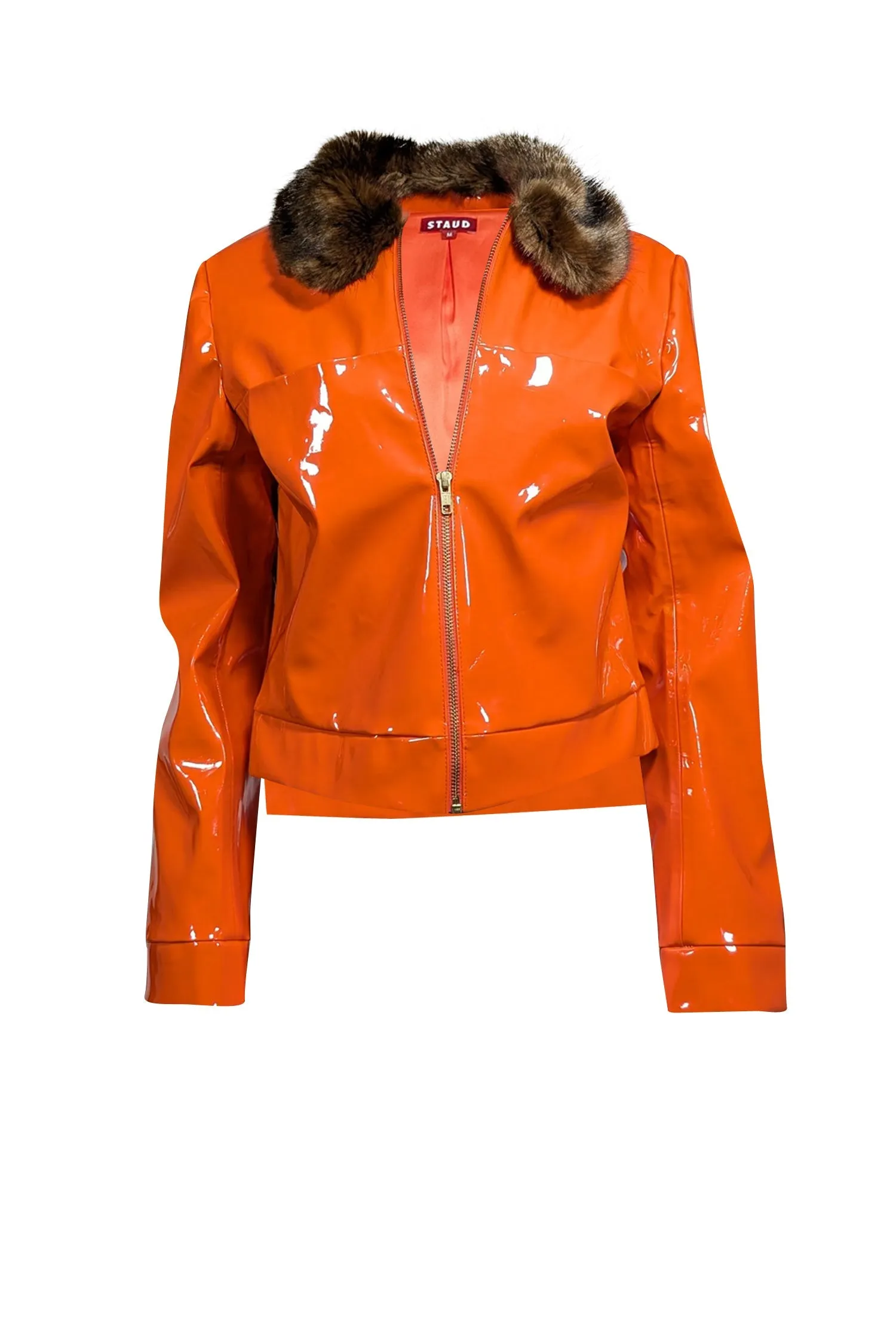 Staud - Orange Faux Patent Leather Jacket w/ Faux Fur Collar Sz M