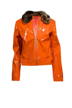 Staud - Orange Faux Patent Leather Jacket w/ Faux Fur Collar Sz M