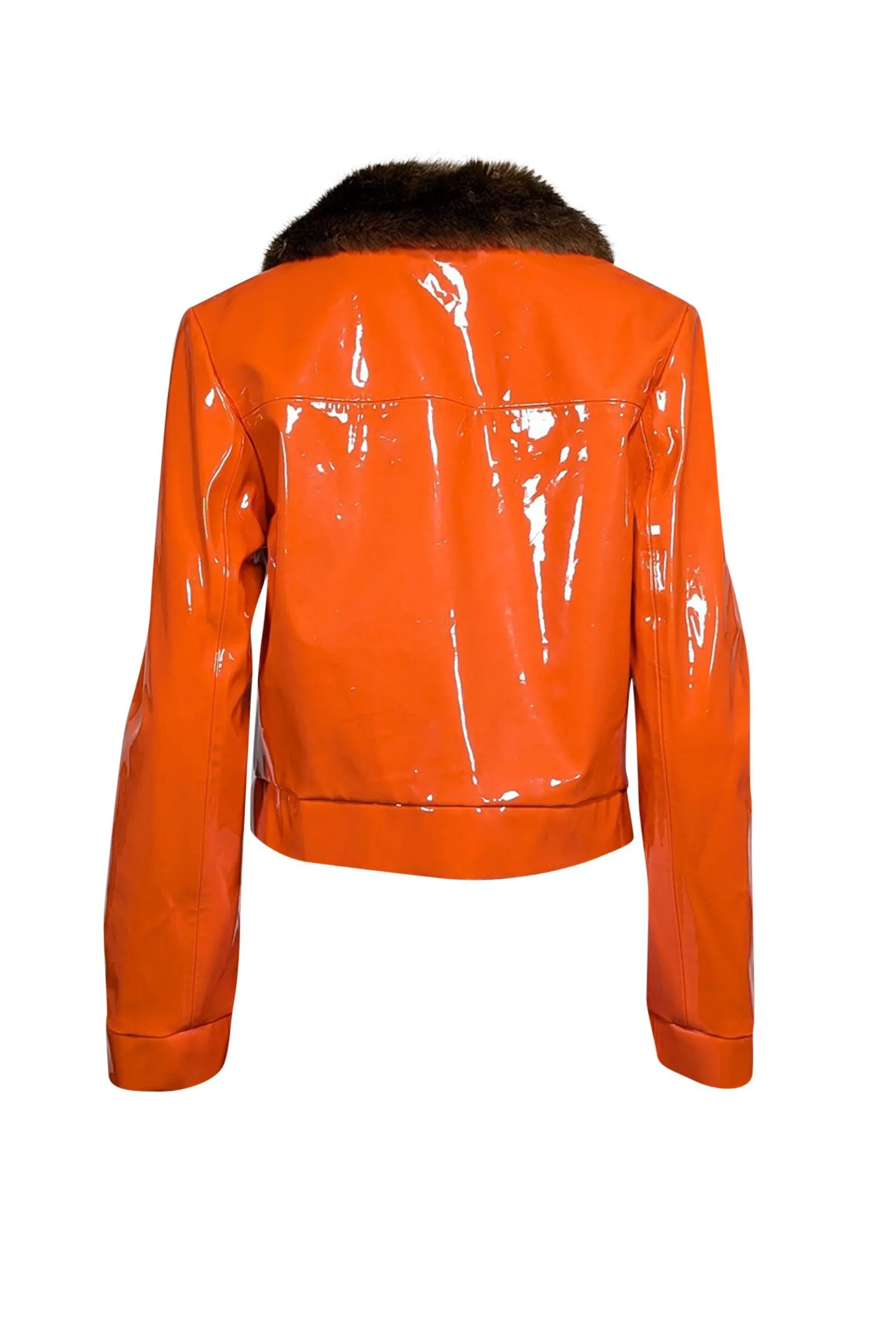 Staud - Orange Faux Patent Leather Jacket w/ Faux Fur Collar Sz M