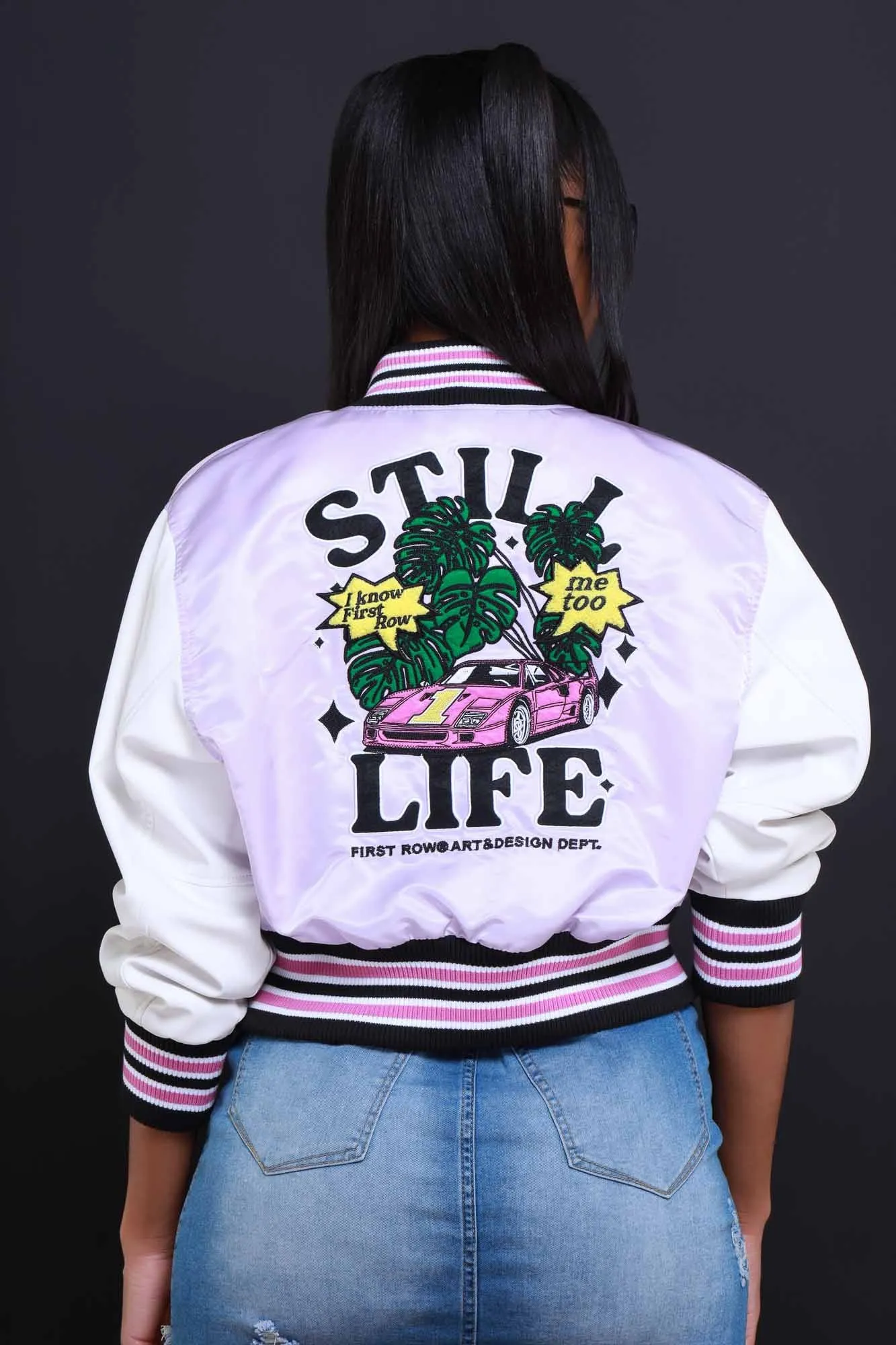 Still Life Cropped Faux Leather Varsity Jacket - Lavender/White