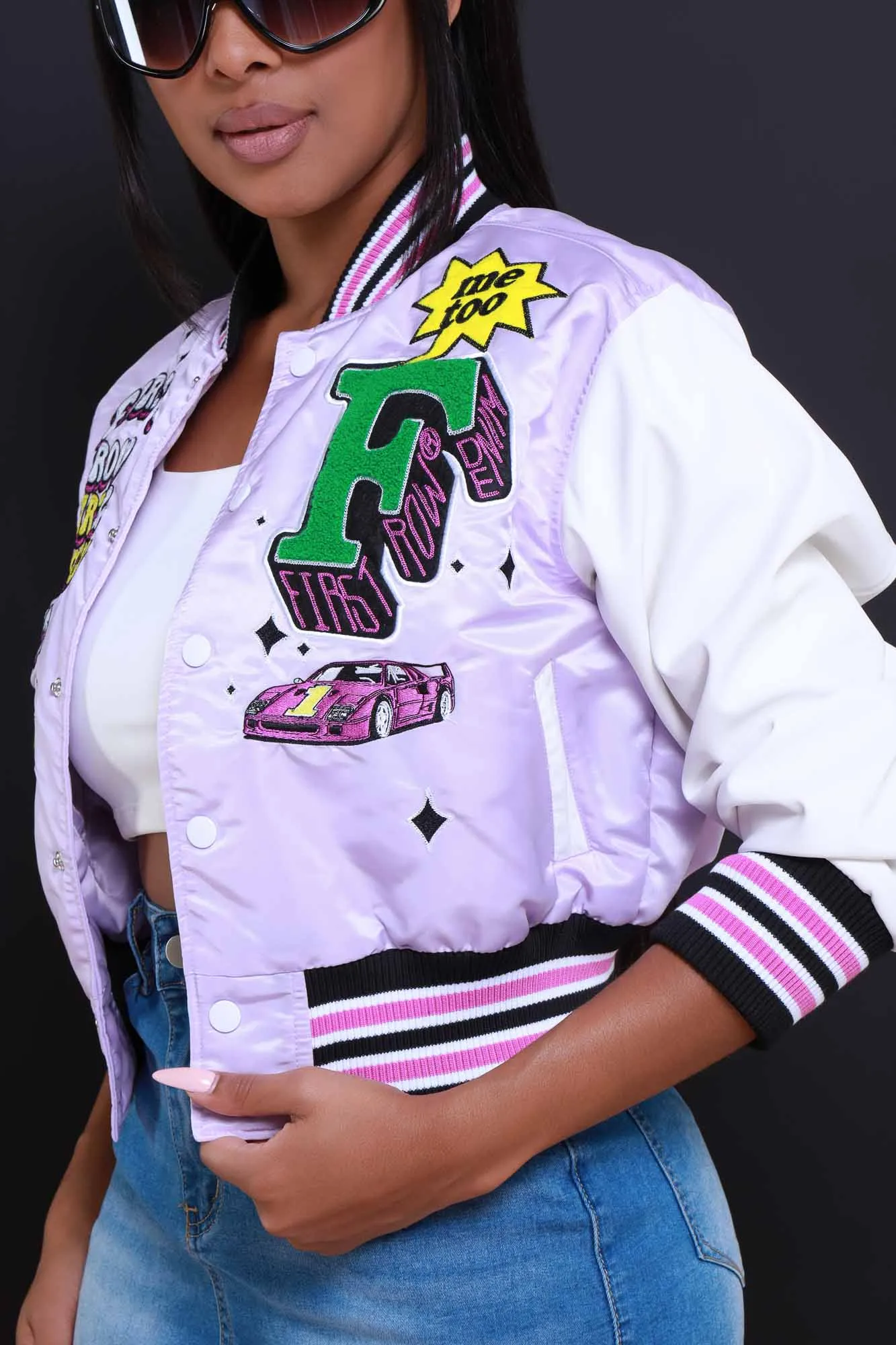 Still Life Cropped Faux Leather Varsity Jacket - Lavender/White