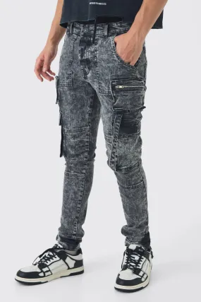 Super Skinny Stretch Black Acid Wash Cargo Jeans