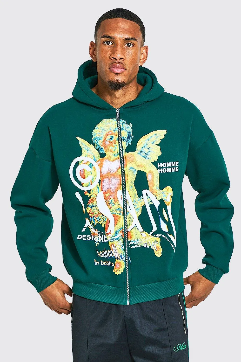 Tall Cherub Heat Print Zip Through Hoodie | boohooMAN UK