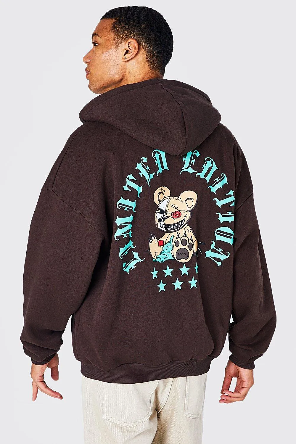 Tall Evil Teddy Back Print Zip Through Hoodie | boohooMAN UK