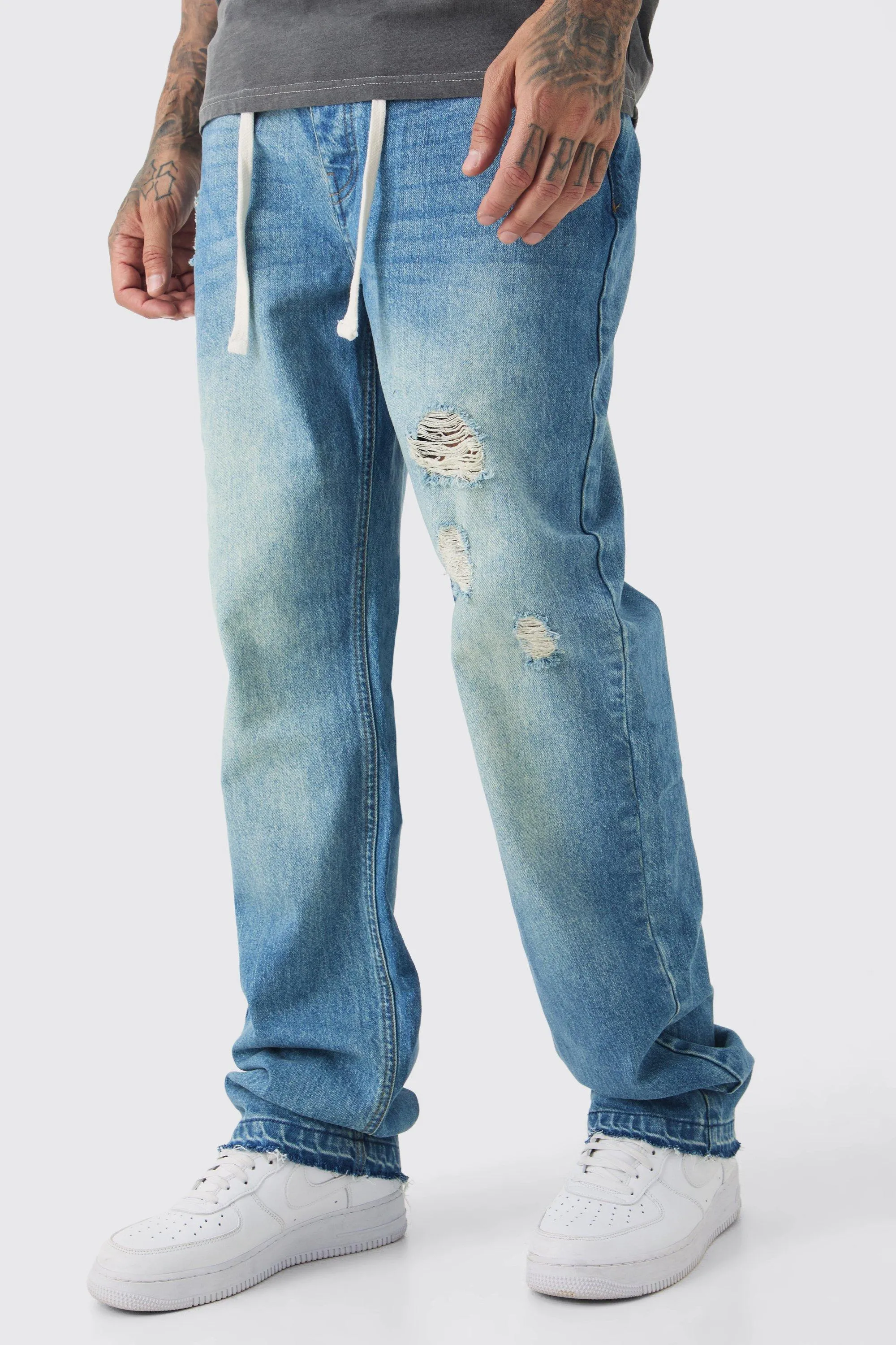 Tall Relaxed Ripped Let Down Hem Jeans With Extended Drawcords