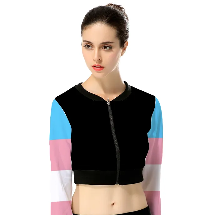 Teen Blue Pink White Pride Sleeved Black Zip-Up Cropped Jacket