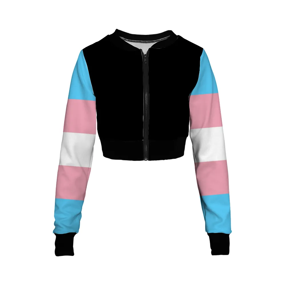 Teen Blue Pink White Pride Sleeved Black Zip-Up Cropped Jacket