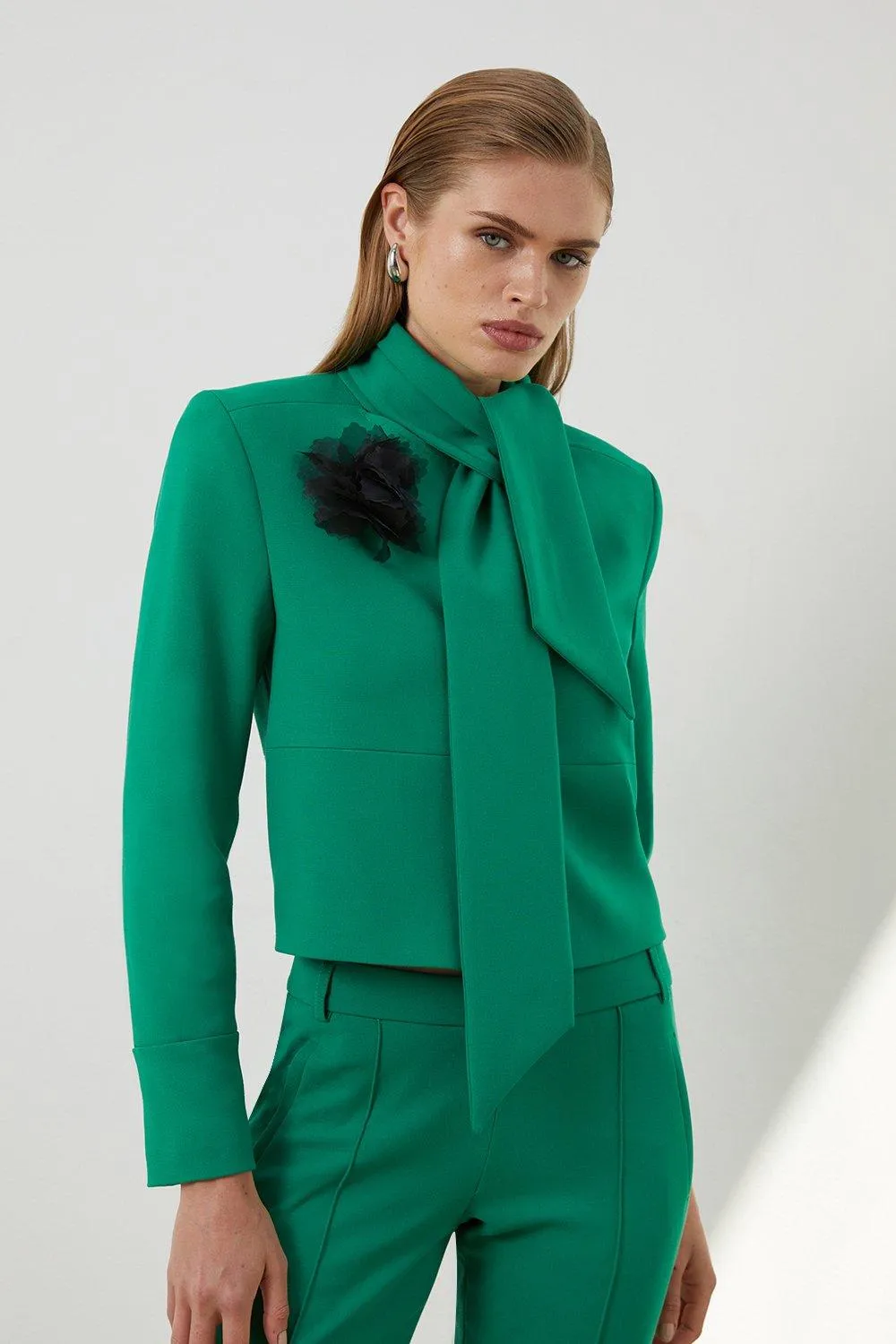 The Founder Petite Neck Tie Rosette Cropped Tailored Jacket | Karen Millen