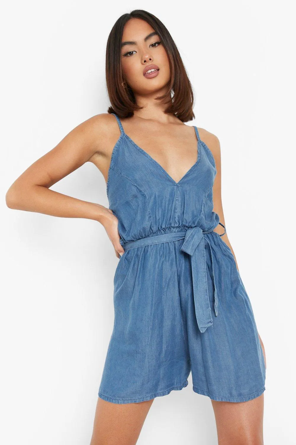 Tie Waist Denim Romper