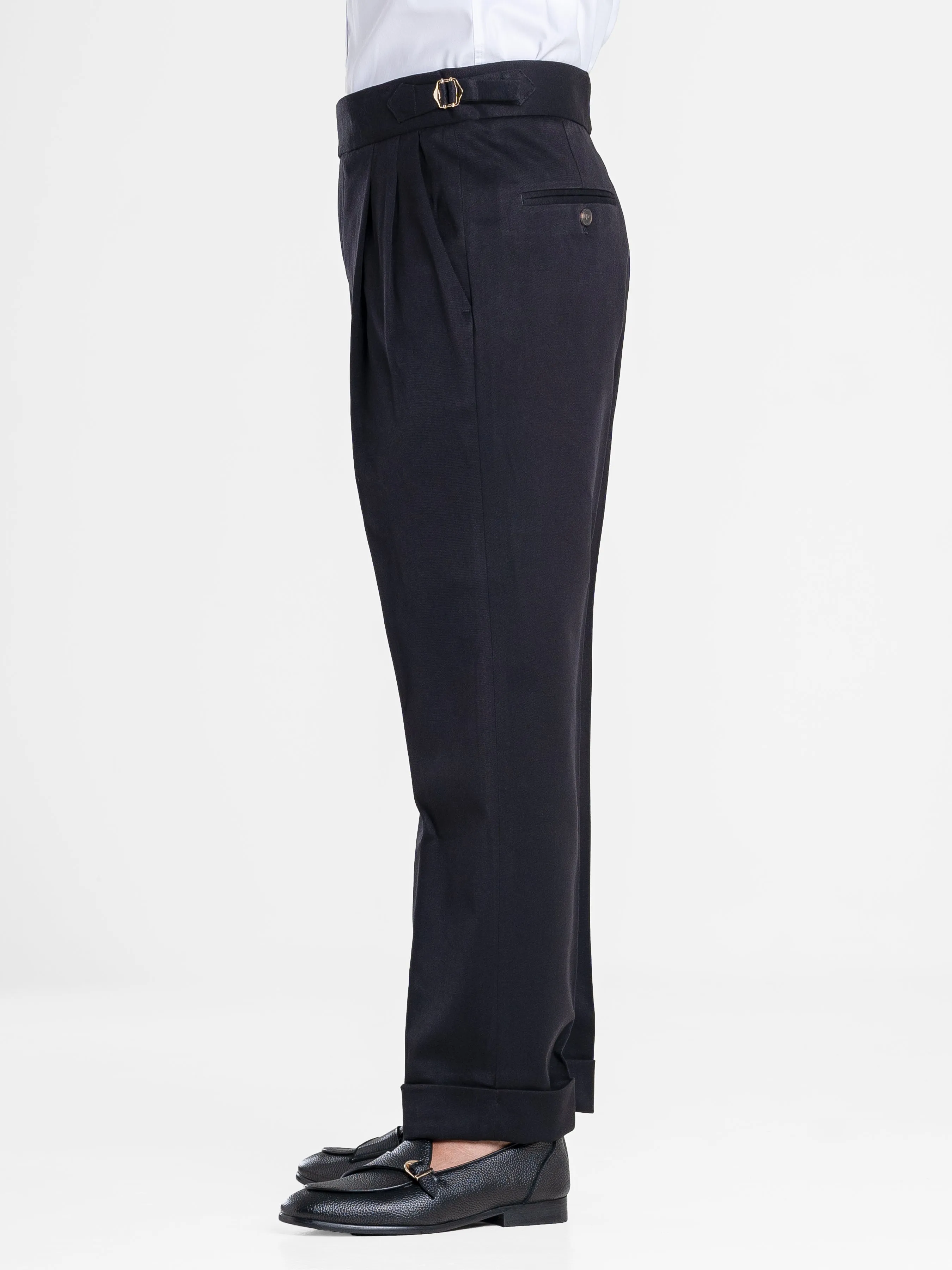 Trousers With Side Adjusters - Black Solid Cuffed (Stretchable)