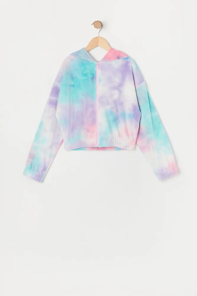 Urban Kids Girls Tie-Dye Print Velour  Zip-Up Hoodie