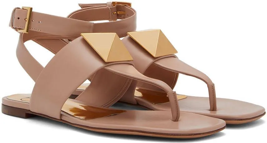 Valentino Garavani Taupe One Stud Flat Sandals