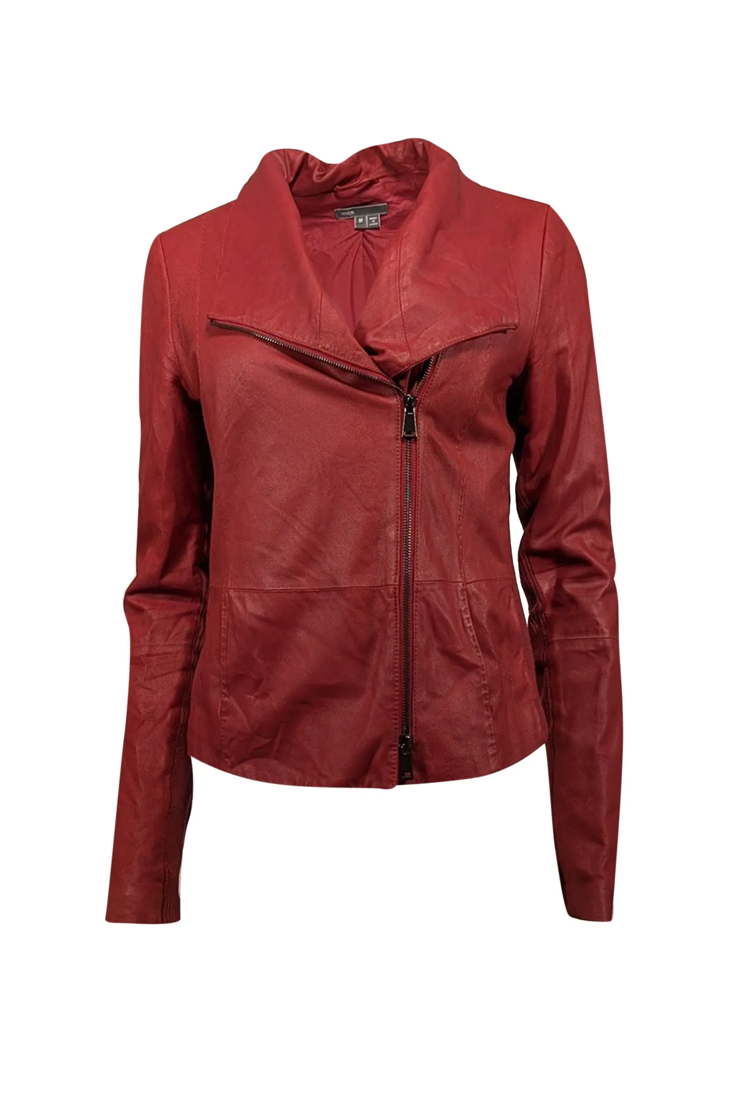 Vince - Dark Red Leather Jacket w/ Rib Knit Trim Sz M