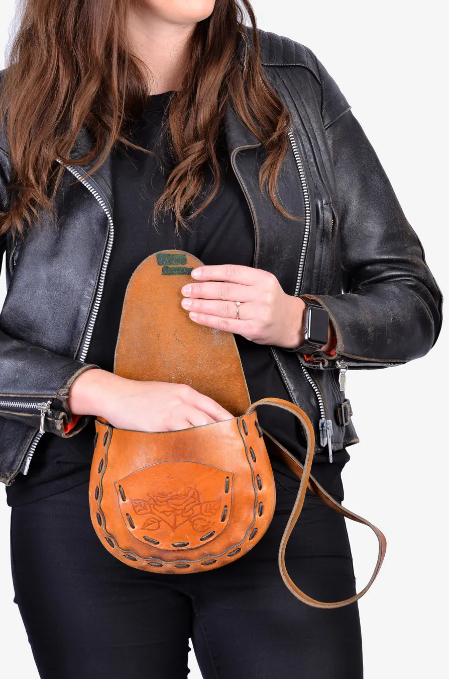 Vintage 1970's Tooled Leather Shoulder Bag - Brick Vintage