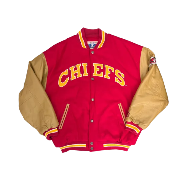 WESTSIDE STOREY VINTAGE | VINTAGE 90S STARTER KC CHIEFS LETTERMAN WOOL/LEATHER JACKET- RED/TAN