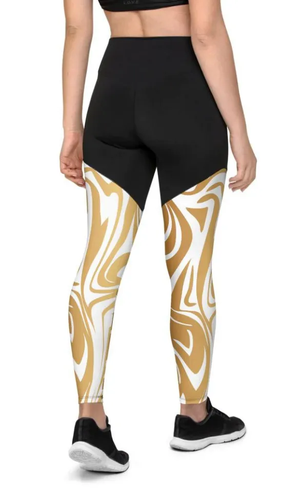 White & Gold Print Compression Leggings