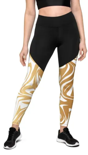 White & Gold Print Compression Leggings