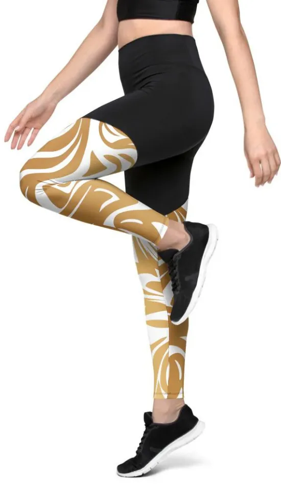 White & Gold Print Compression Leggings