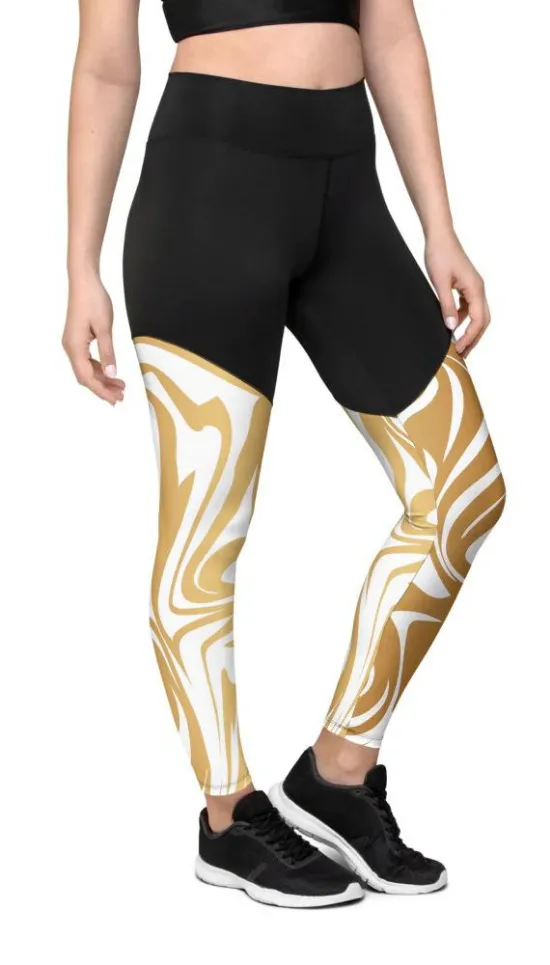 White & Gold Print Compression Leggings