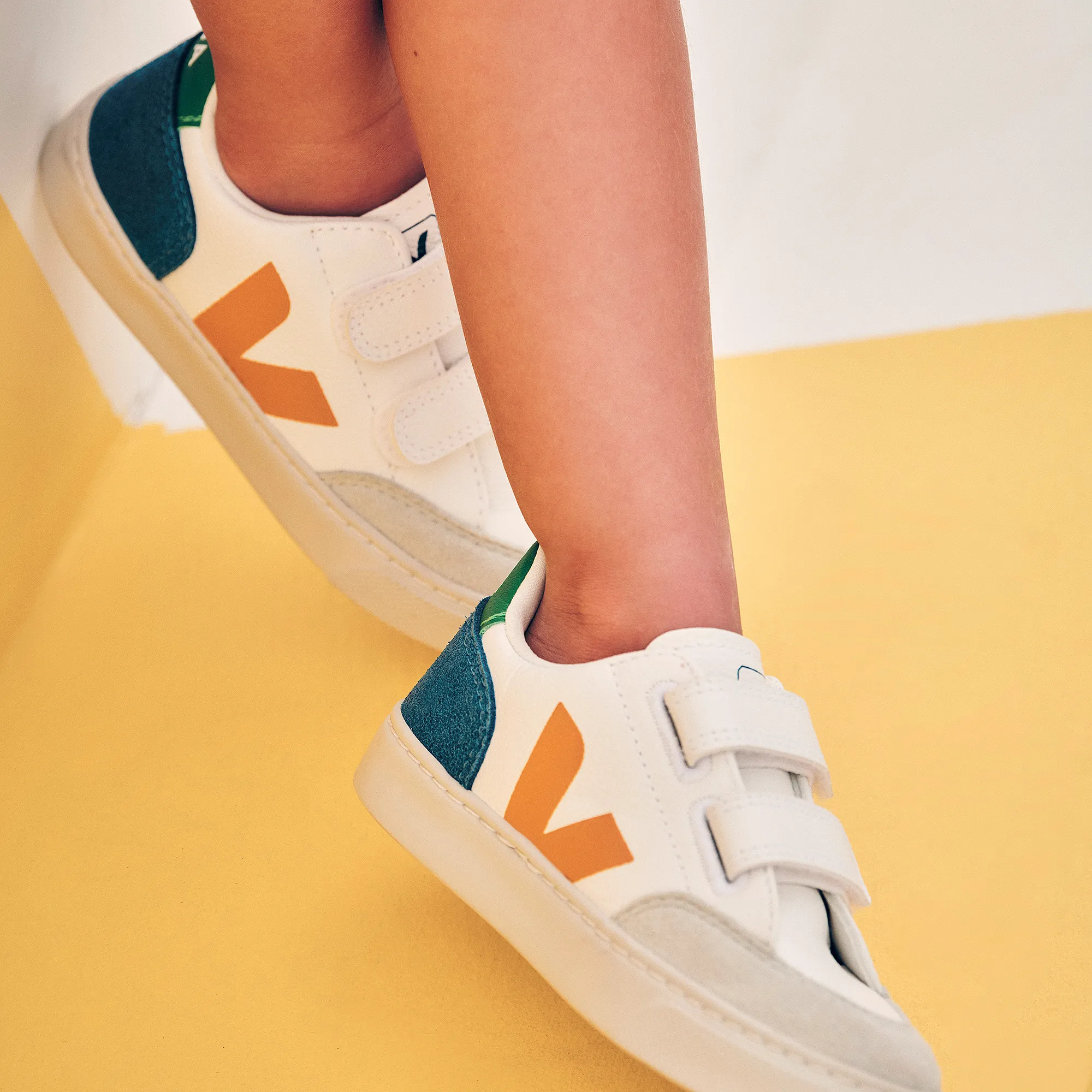 White & Yellow Leather Velcro V-12 Trainers