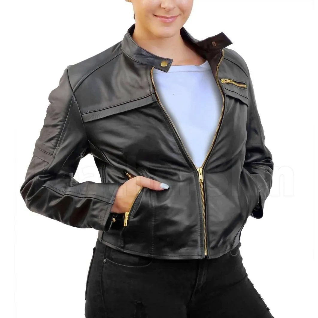 Women Black Handmade Padded Real Leather Jacket with Gold Zippers - Leather Skin Shop