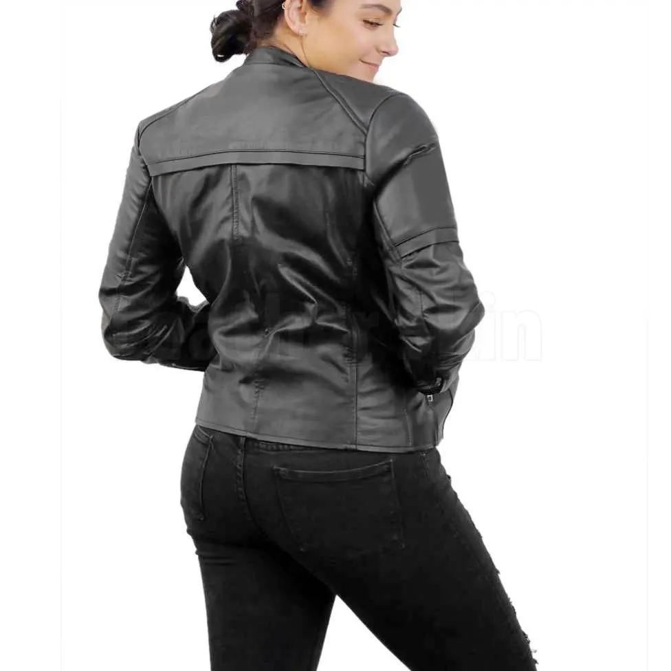 Women Black Handmade Padded Real Leather Jacket with Gold Zippers - Leather Skin Shop