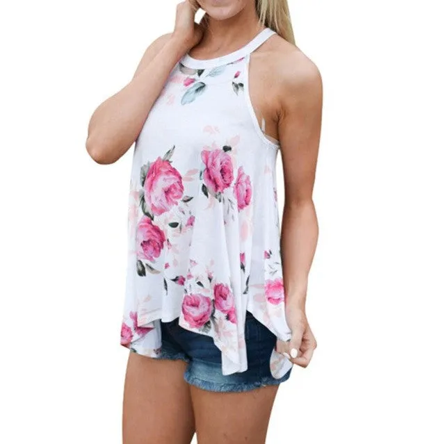 Women Floral white sleeveless top Printed Tank Top For Women Casual T Shirt Femme tank women #63 GS