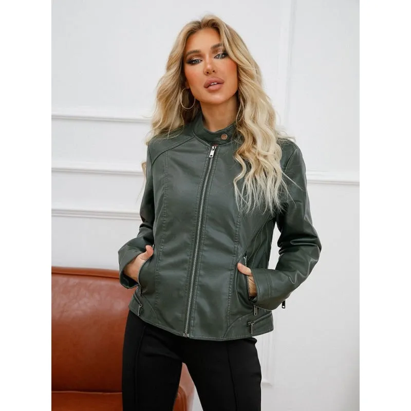 Women's Autumn Stand Collar Synthetic Leather Moto Biker Zipper Jacket