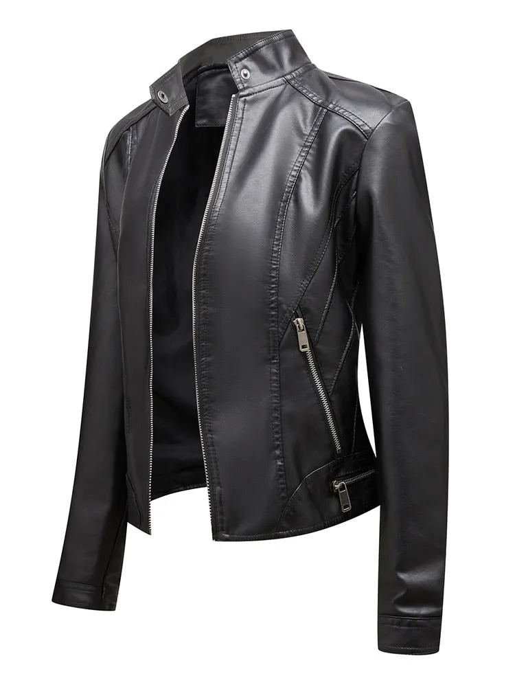 Women's Autumn Stand Collar Synthetic Leather Moto Biker Zipper Jacket