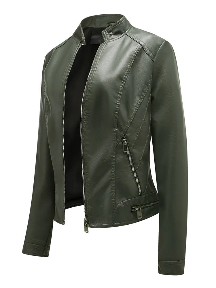 Women's Autumn Stand Collar Synthetic Leather Moto Biker Zipper Jacket