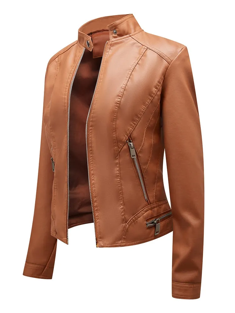 Women's Autumn Stand Collar Synthetic Leather Moto Biker Zipper Jacket