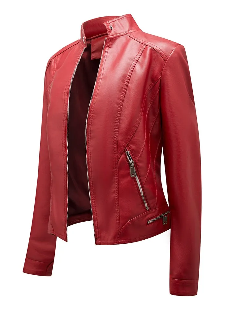 Women's Autumn Stand Collar Synthetic Leather Moto Biker Zipper Jacket