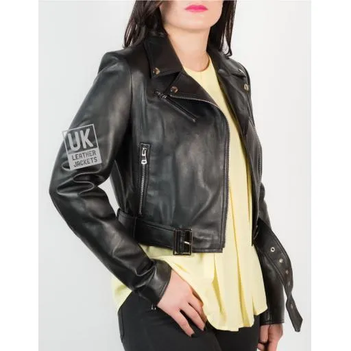 Womens Black Leather Biker Jacket Cropped Length | Free UK Delivery