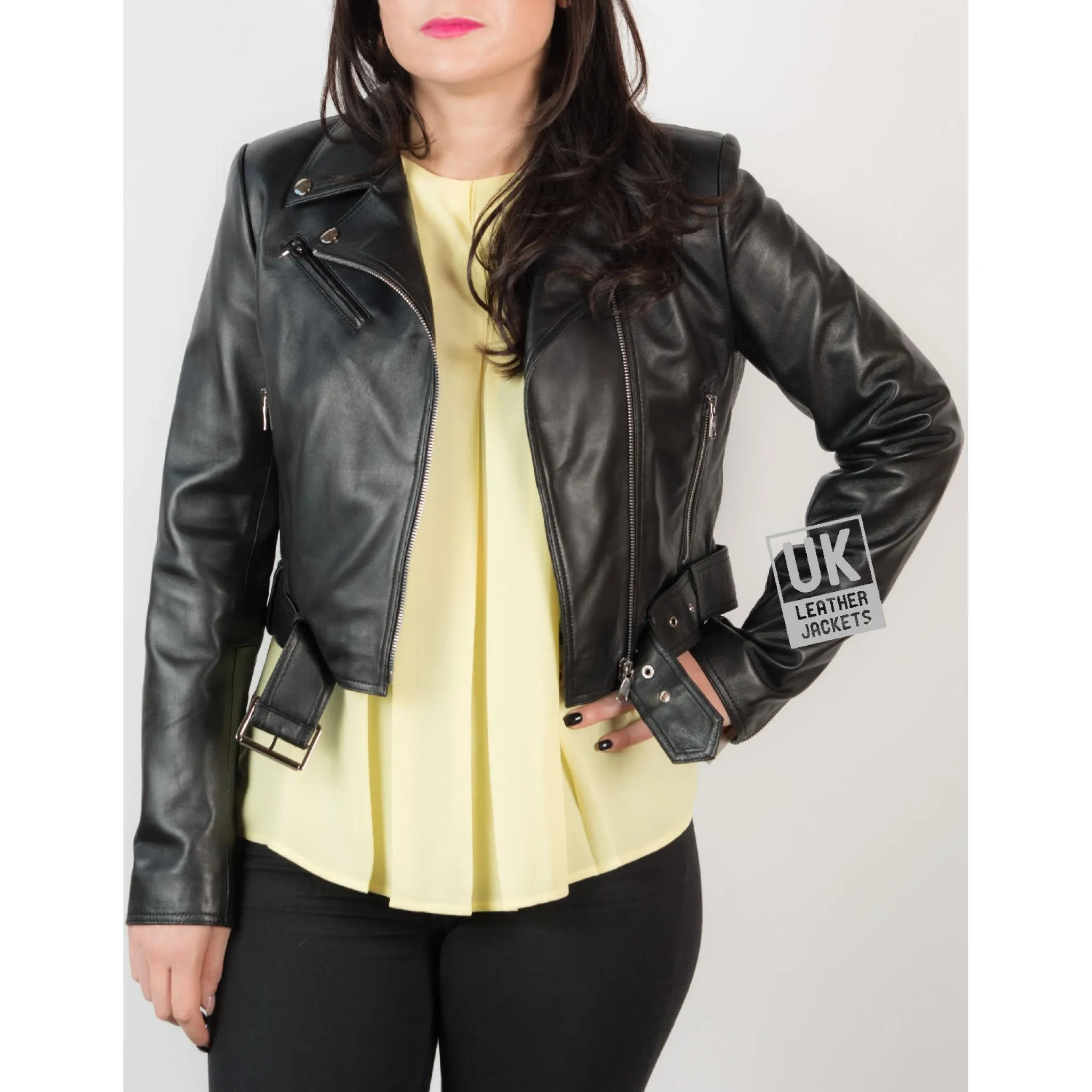 Womens Black Leather Biker Jacket Cropped Length | Free UK Delivery