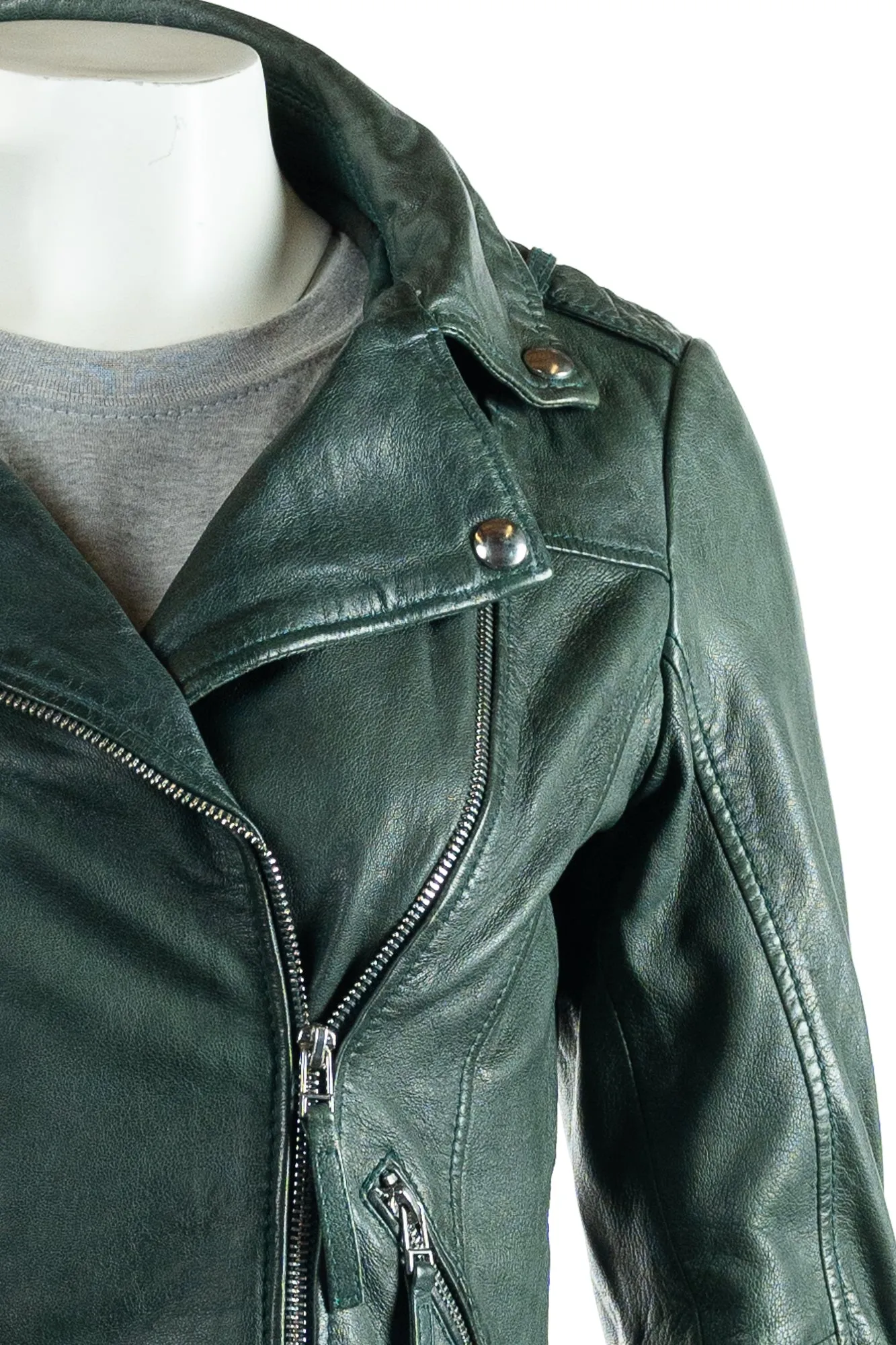 Women's Bottle Green Simple Asymmetric Leather Biker Jacket: Zara