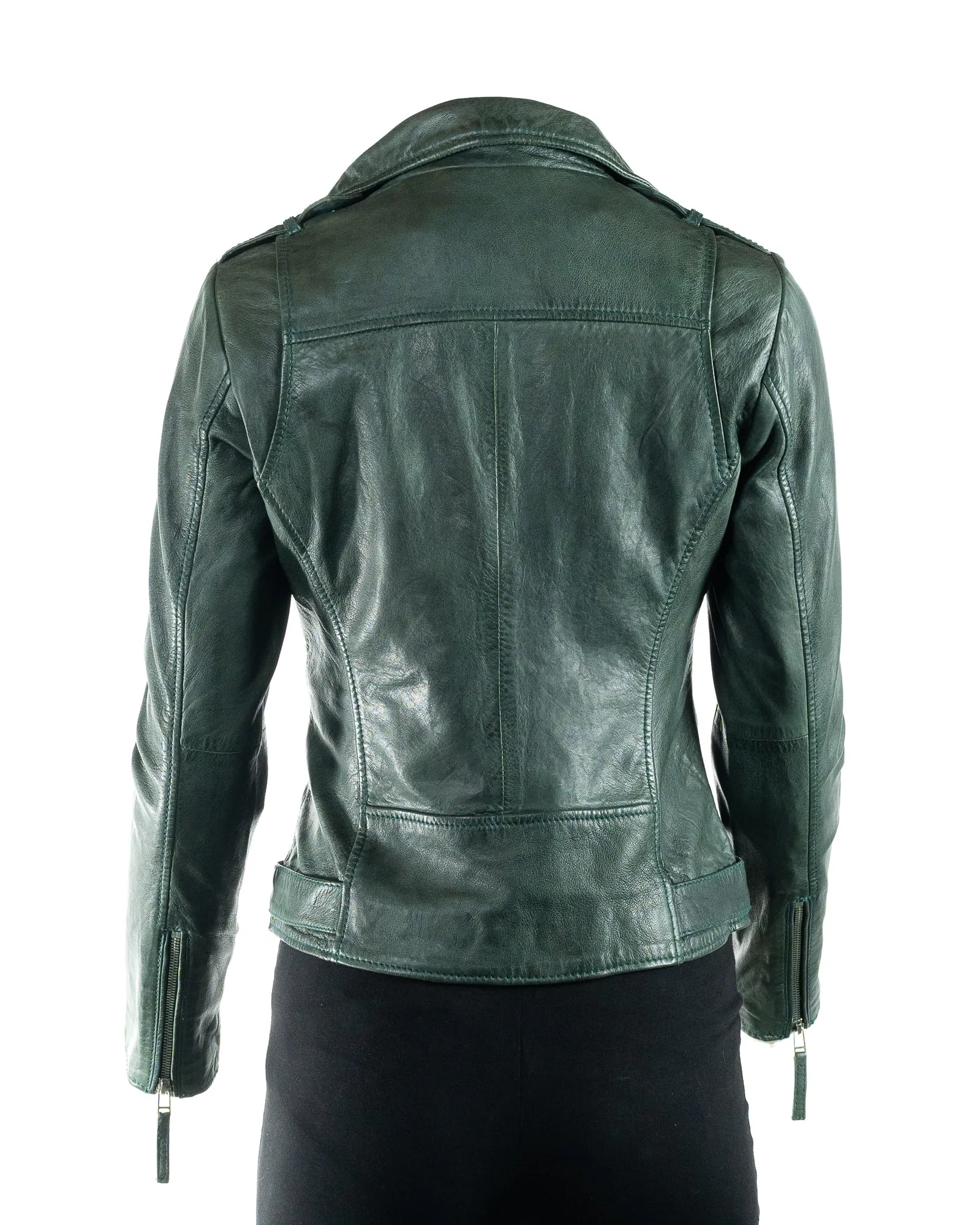 Women's Bottle Green Simple Asymmetric Leather Biker Jacket: Zara