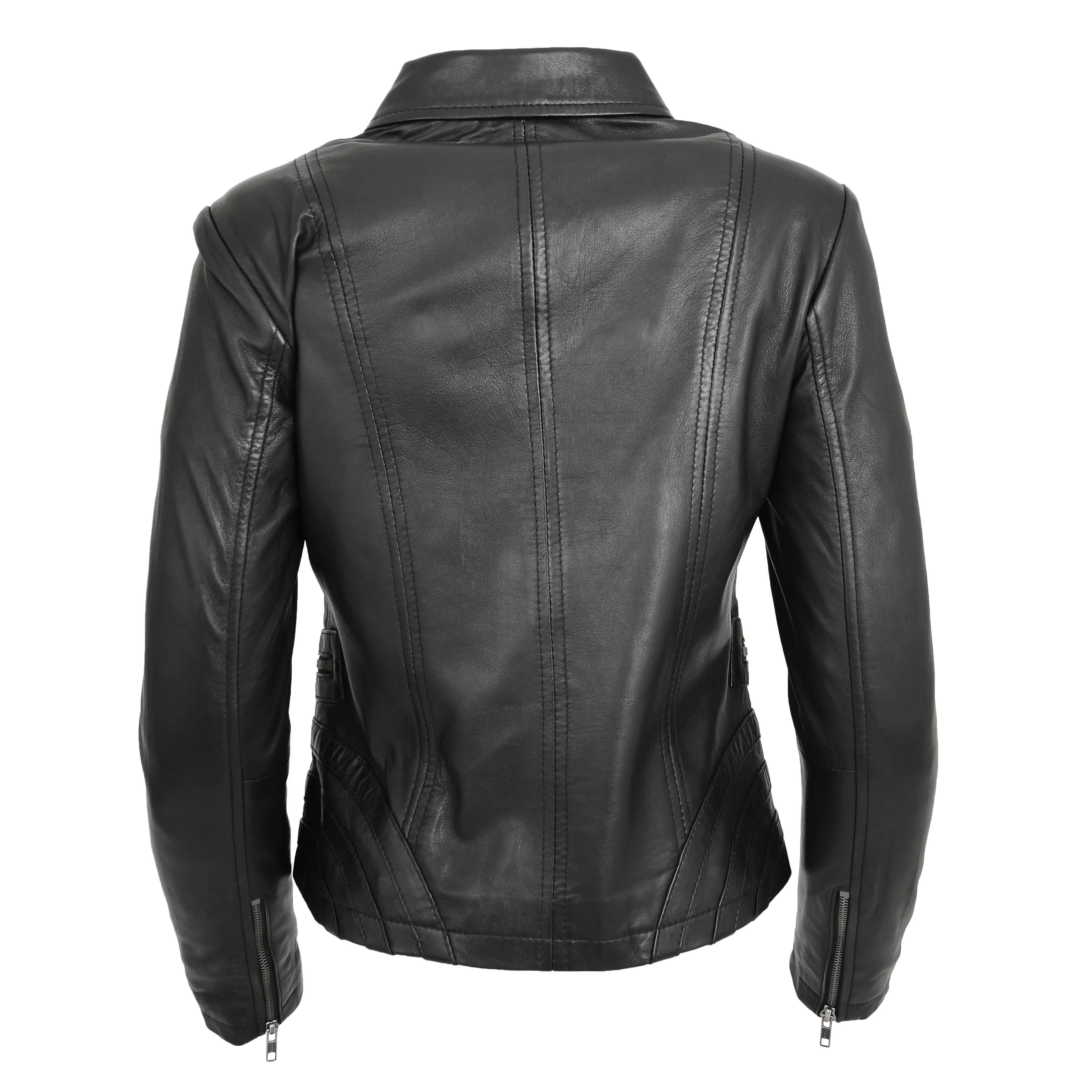 Womens Classic Leather Biker Zip Box Jacket Nova Black